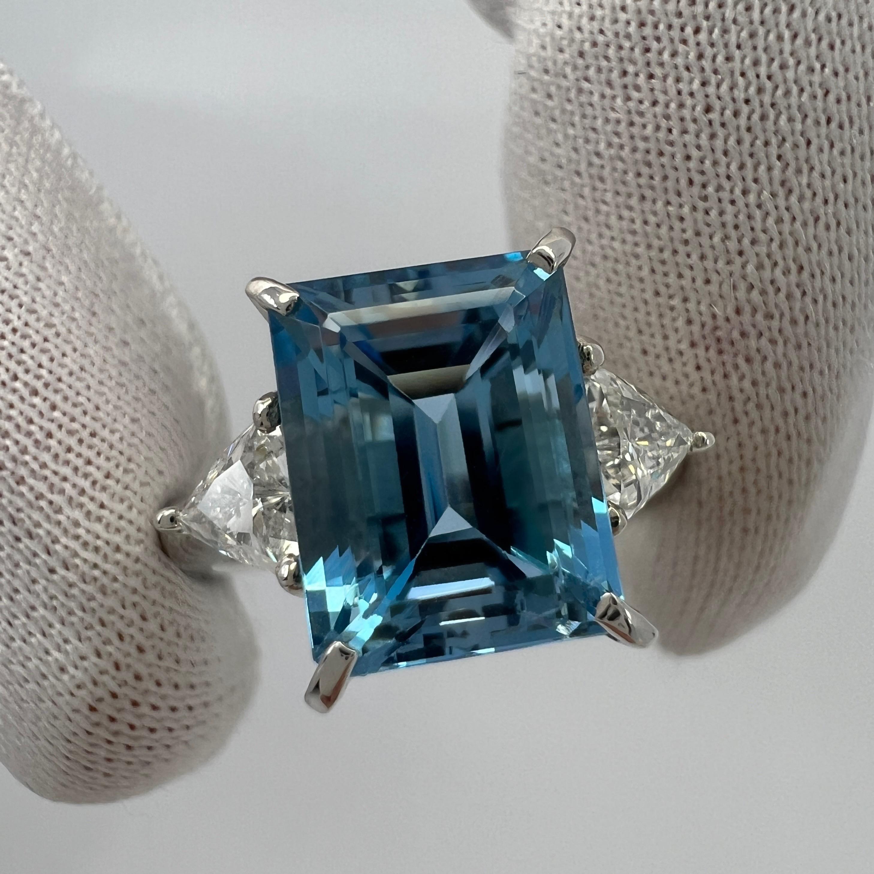 3.88ct Santa Maria Blue Emerald Cut Aquamarine Diamond Platinum Three Stone Ring For Sale 2