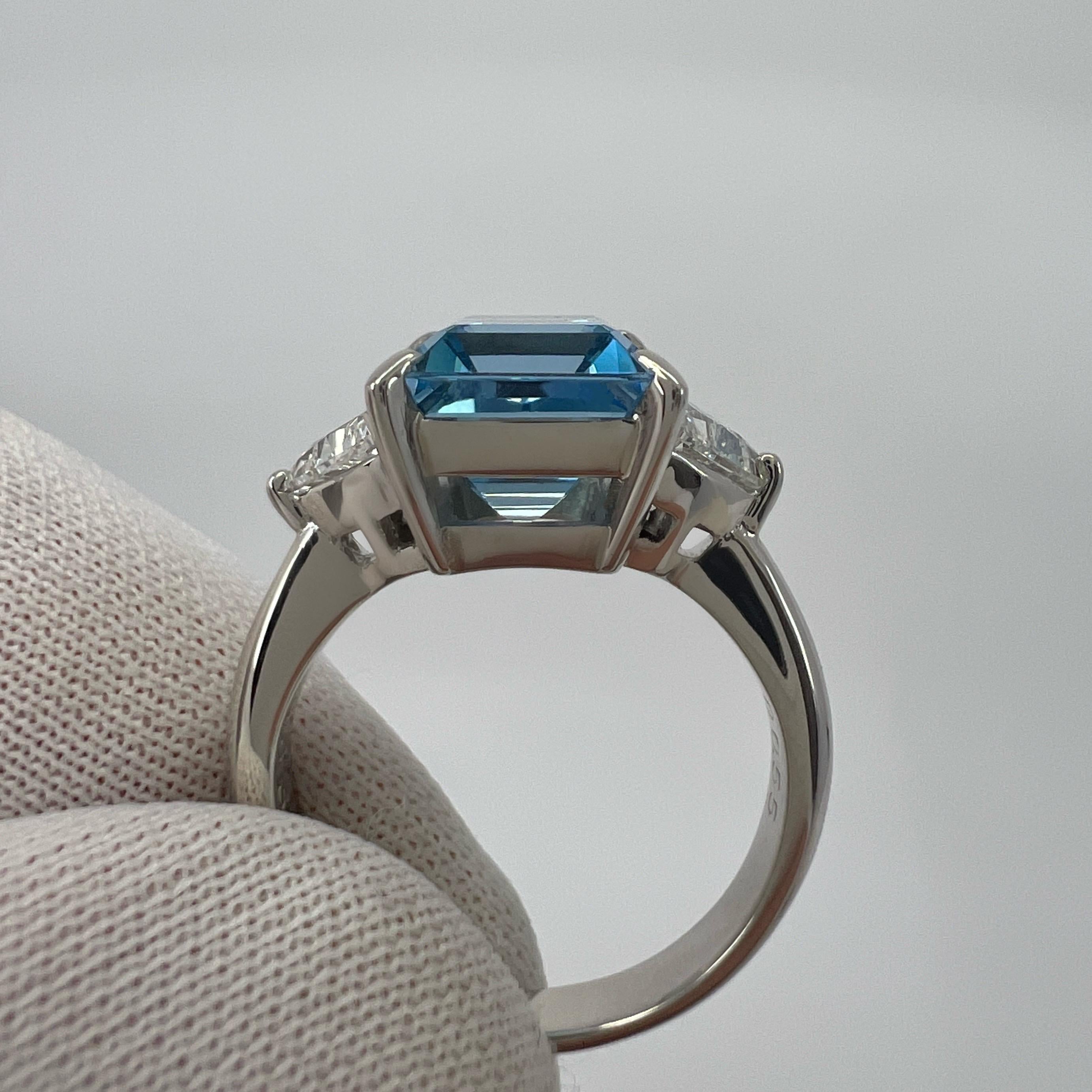 3.88ct Santa Maria Blue Emerald Cut Aquamarine Diamond Platinum Three Stone Ring For Sale 3