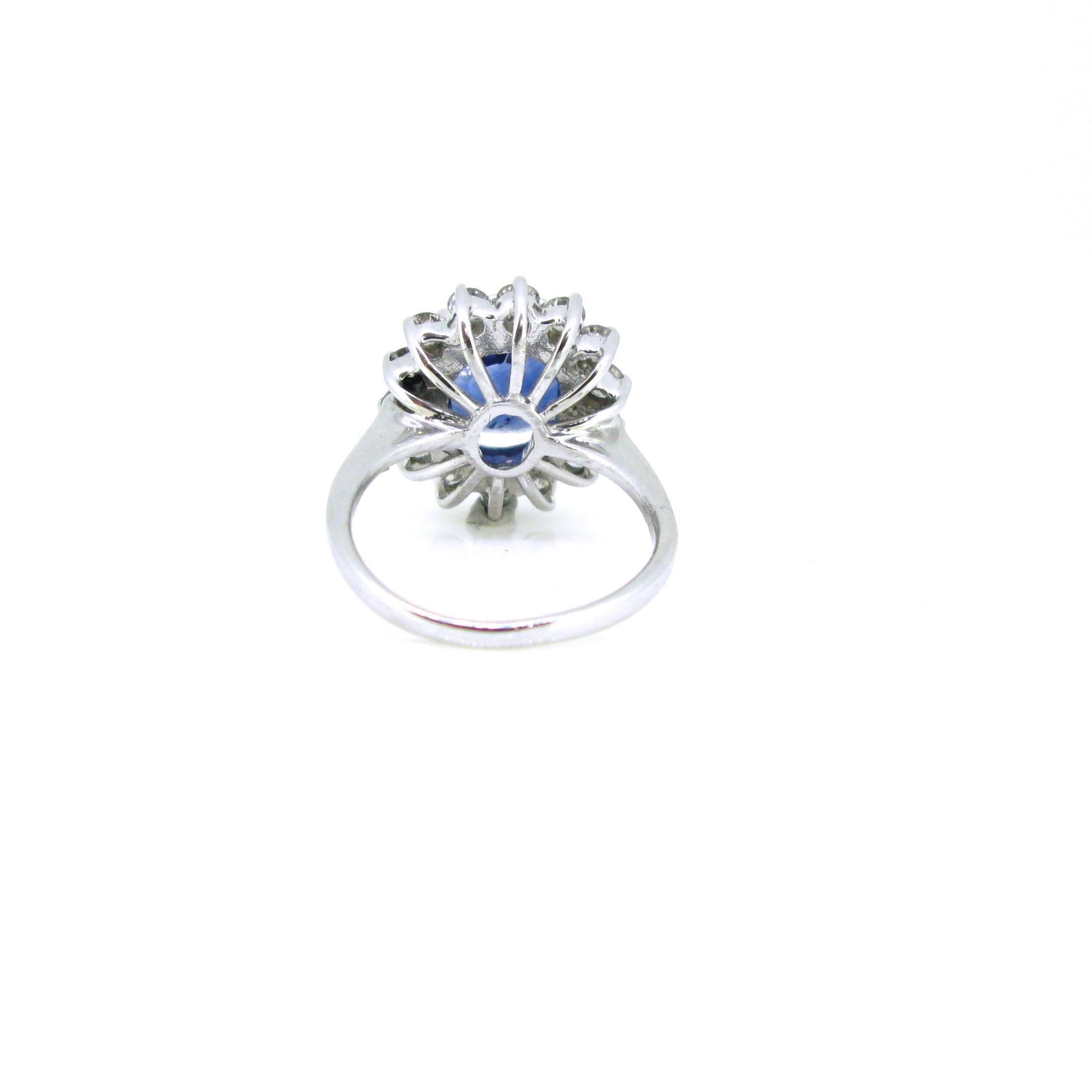 Women's or Men's 3.88 Carat Sapphire Diamond Cluster Ring, 18 Karat White Gold
