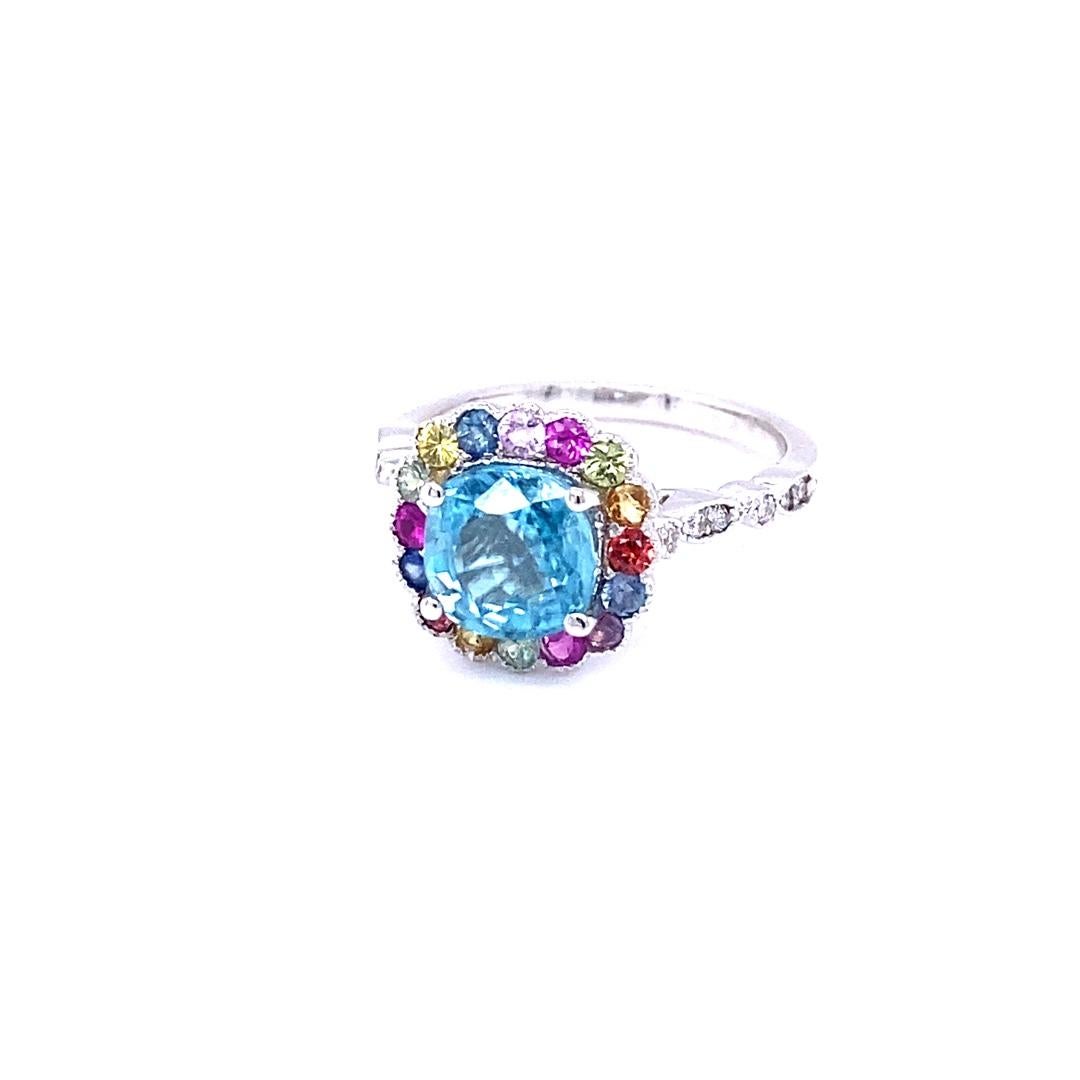 Contemporary 3.89 Carat Blue Zircon Multi Color Sapphire Diamond White Gold Ring For Sale