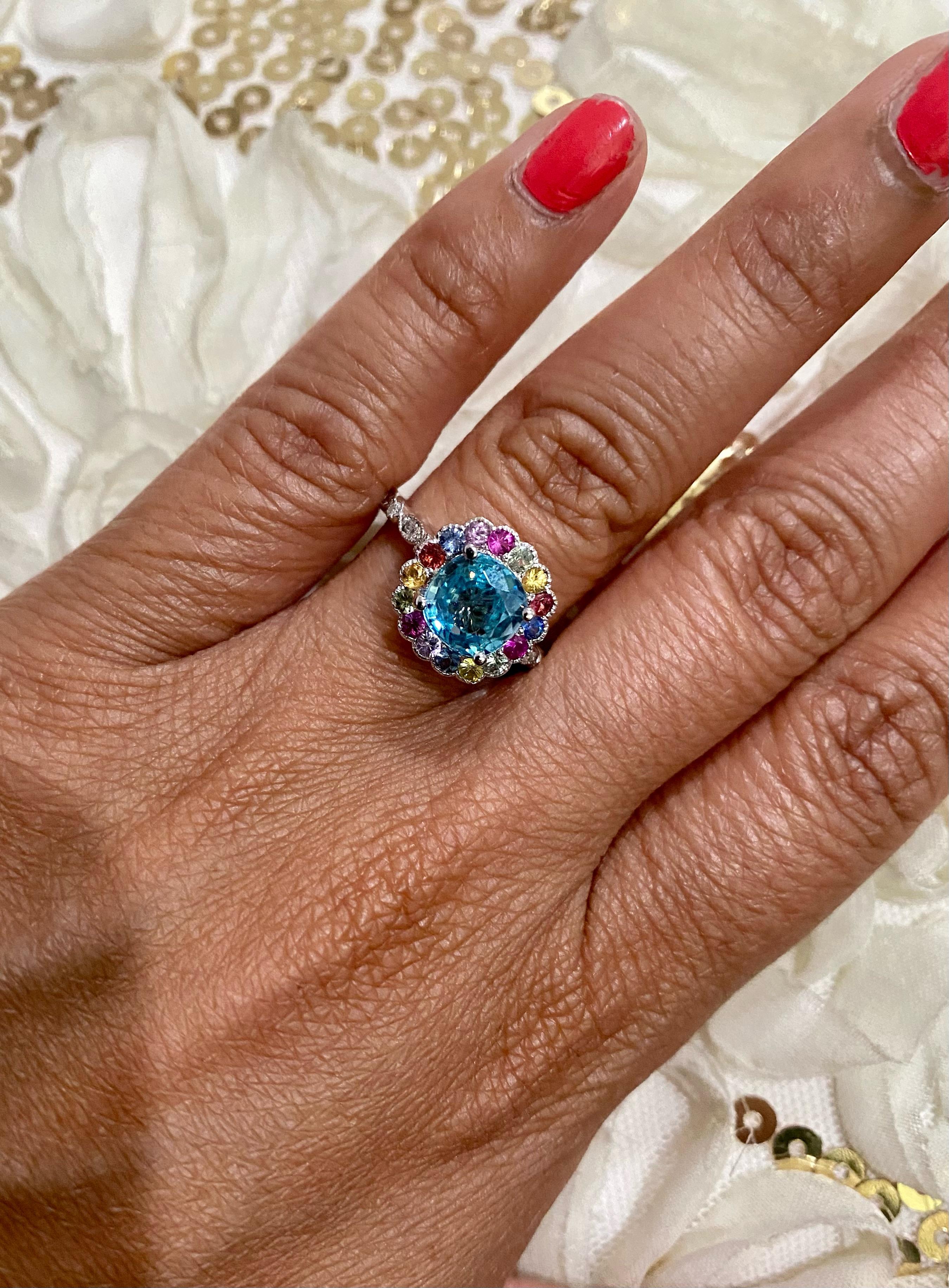 3,89 Karat Blauer Zirkon Multi Farbe Saphir Diamant Weißgold Ring im Zustand „Neu“ im Angebot in Los Angeles, CA