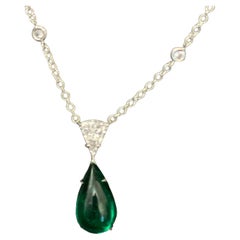 3.89 Carat Cabochon Green Emerald and Diamond Platinum Pendant