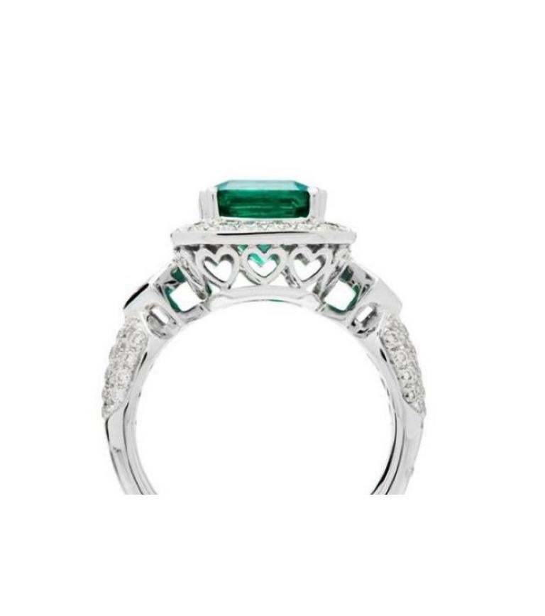 Women's 3.89 Carat Emerald Cut Colombian Emerald and Diamond Ring in 18 Karat White Gold For Sale