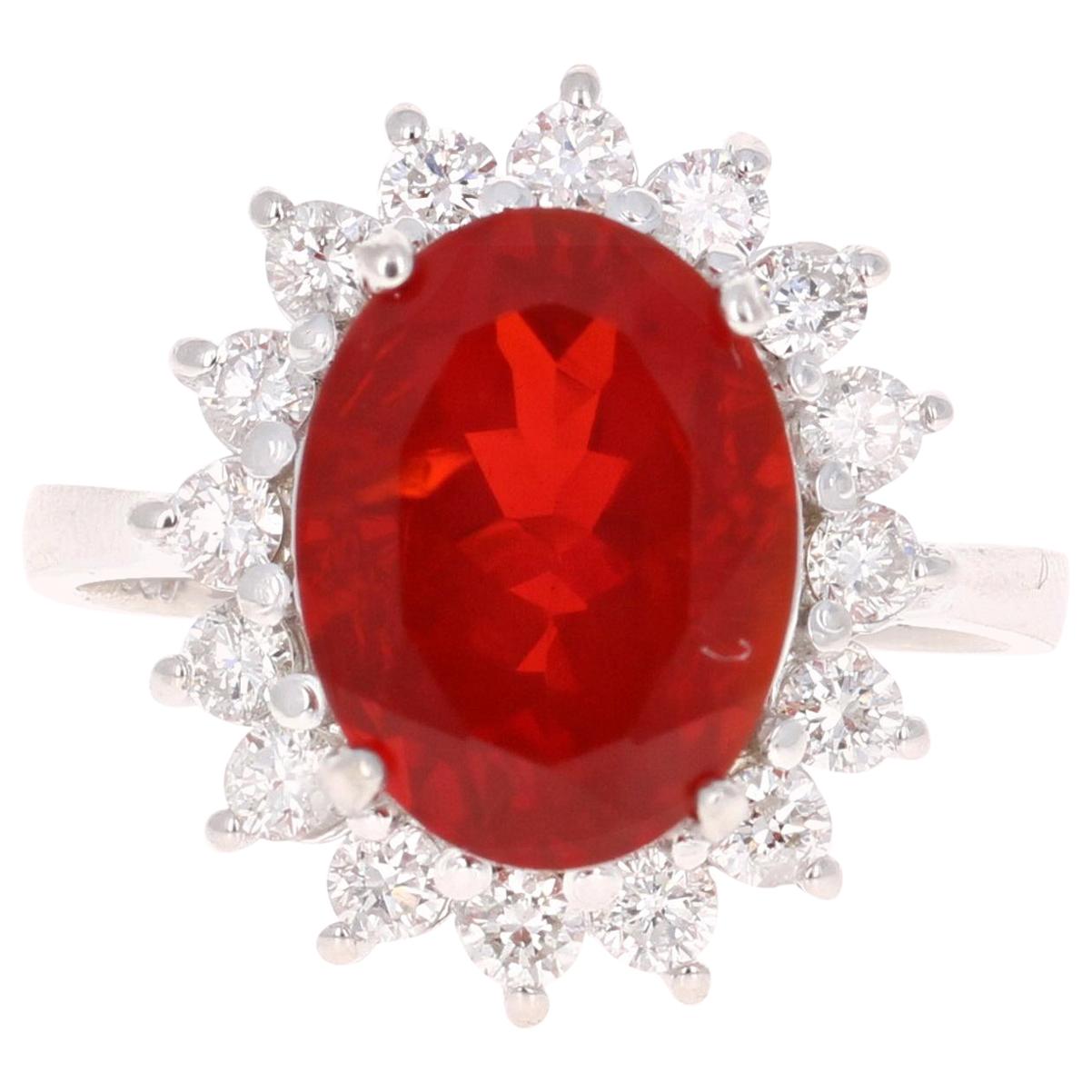 3.89 Carat Fire Opal Diamond 14 Karat White Gold Cocktail Ring