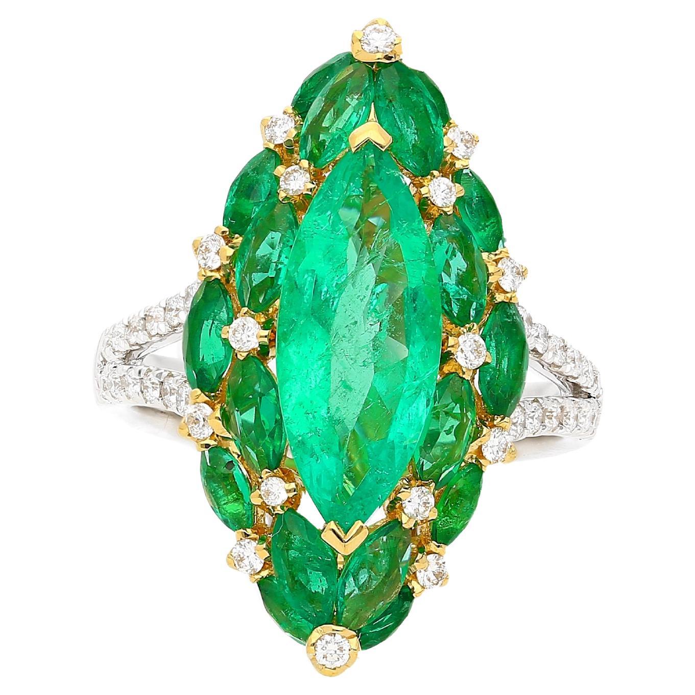 3.89 Carat Marquise Cut Natural Colombian Emerald And Diamond V Shape 18K Ring For Sale