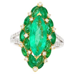 3.89 Carat Marquise Cut Natural Colombian Emerald And Diamond V Shape 18K Ring