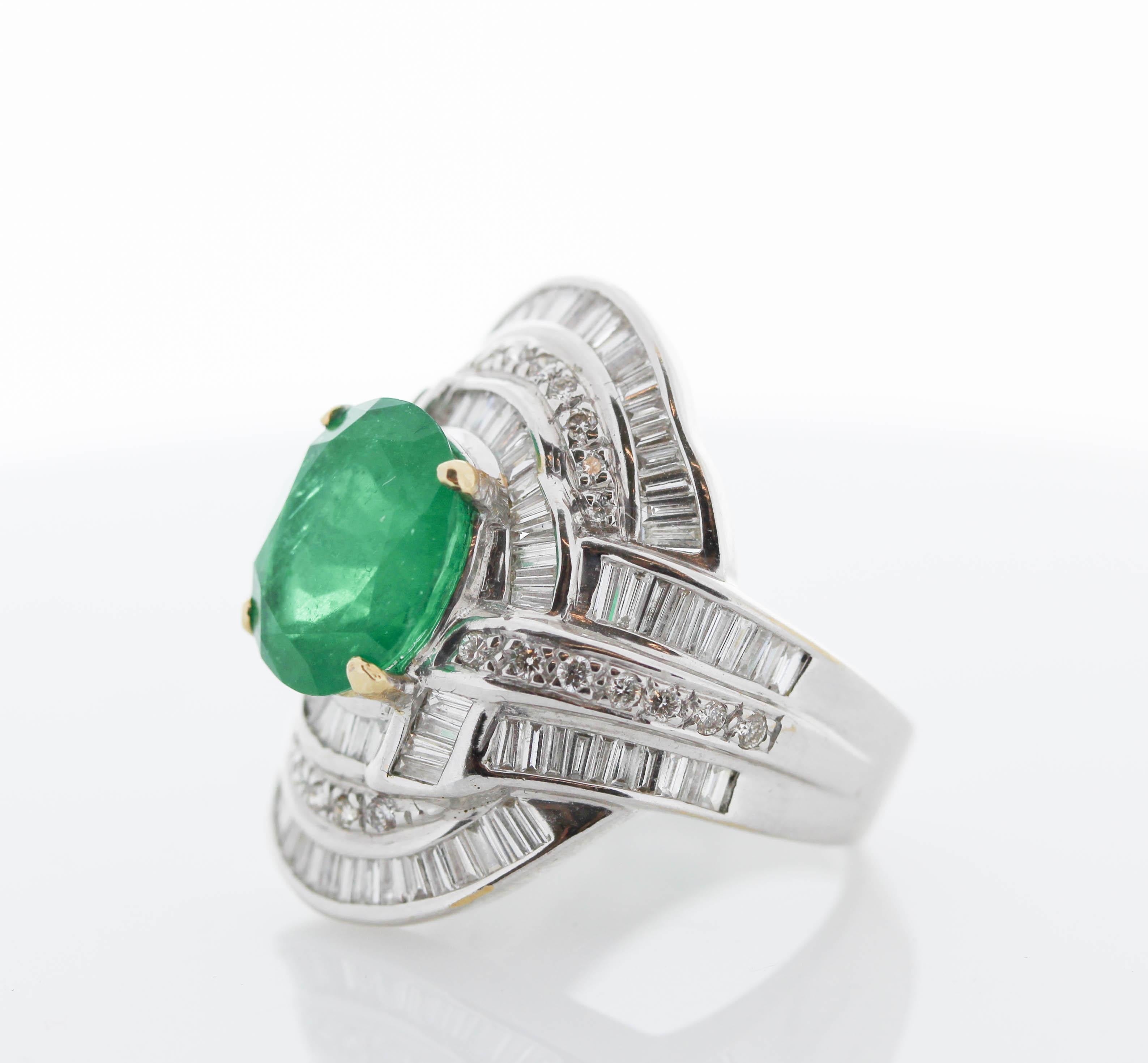 Contemporary 3.89 Carat Oval Emerald & Diamond Cocktail Ring in 18K White Gold For Sale