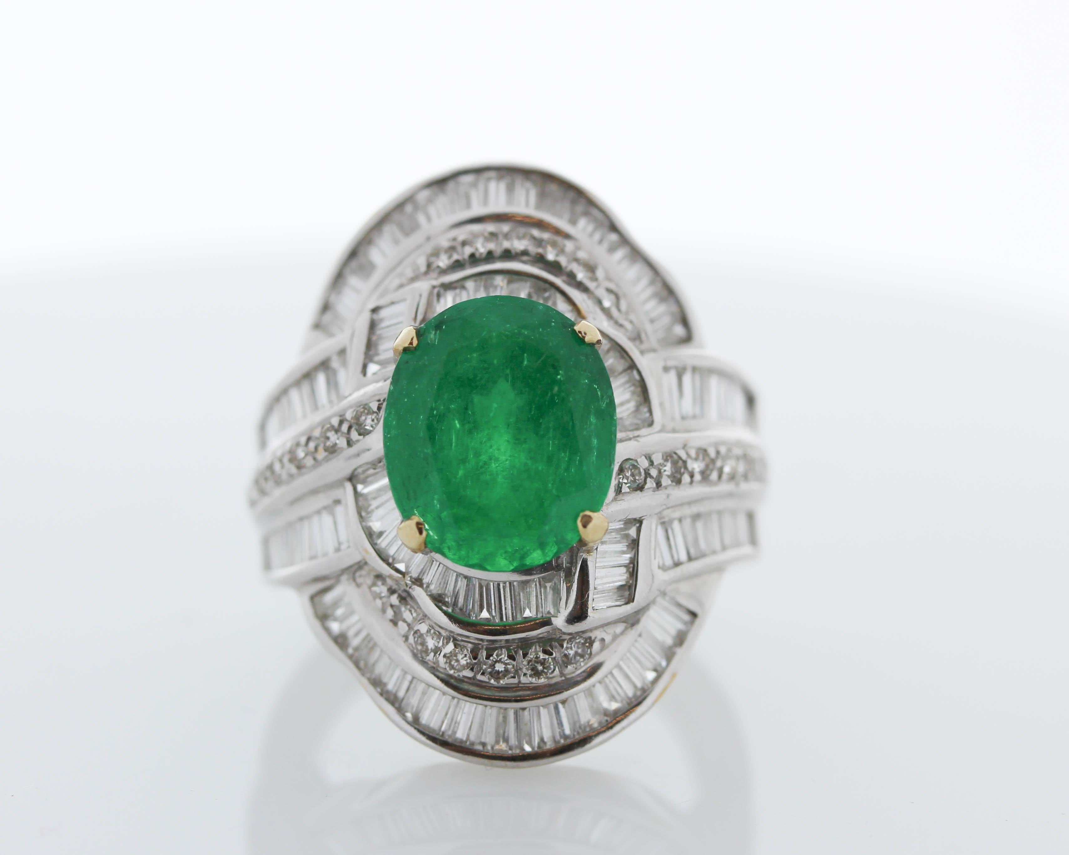 Oval Cut 3.89 Carat Oval Emerald & Diamond Cocktail Ring in 18K White Gold For Sale