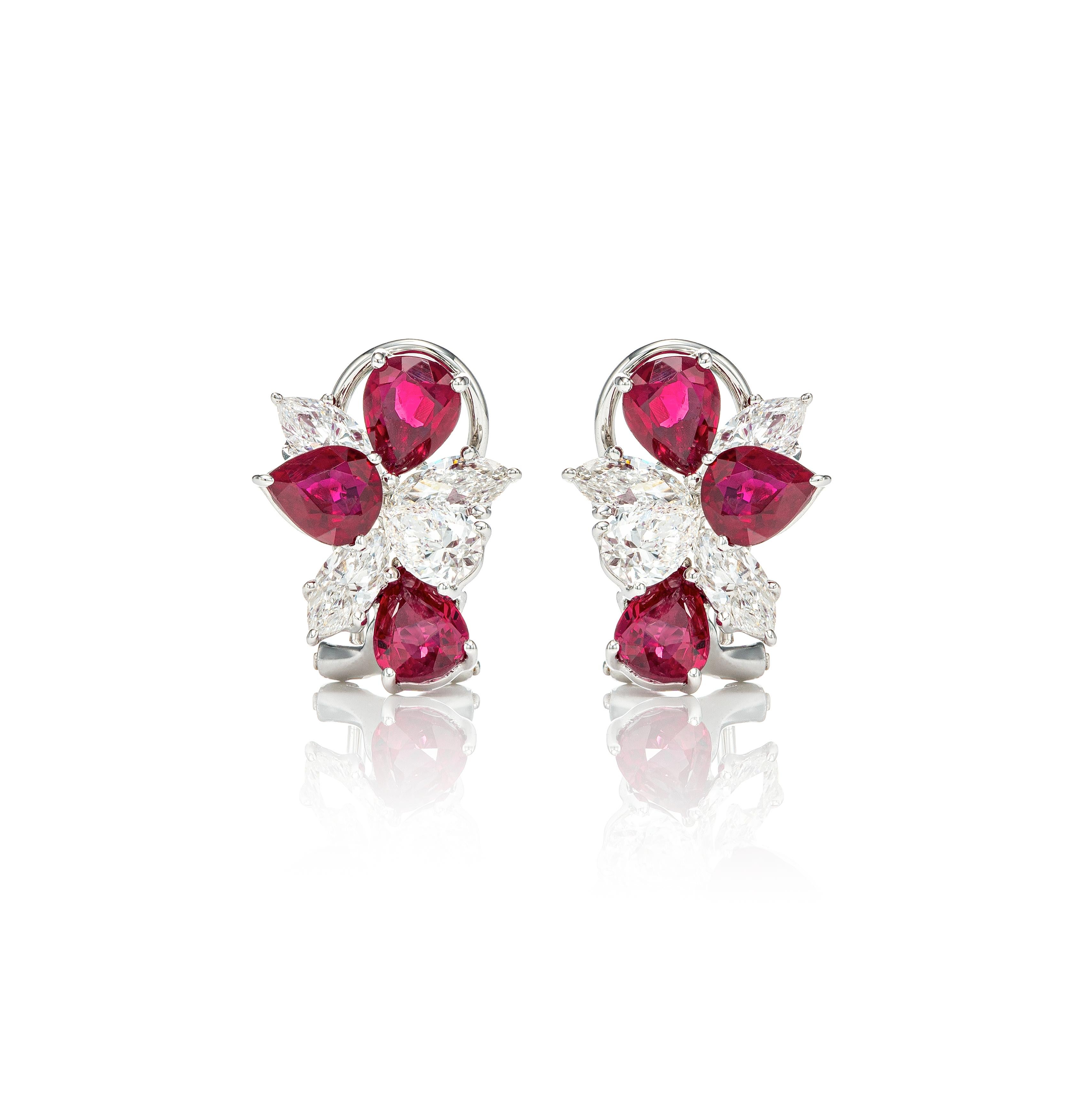 Contemporary 3.89 Carat Pear Shape Ruby and Diamond Cluster Earrings in 18K White Gold For Sale