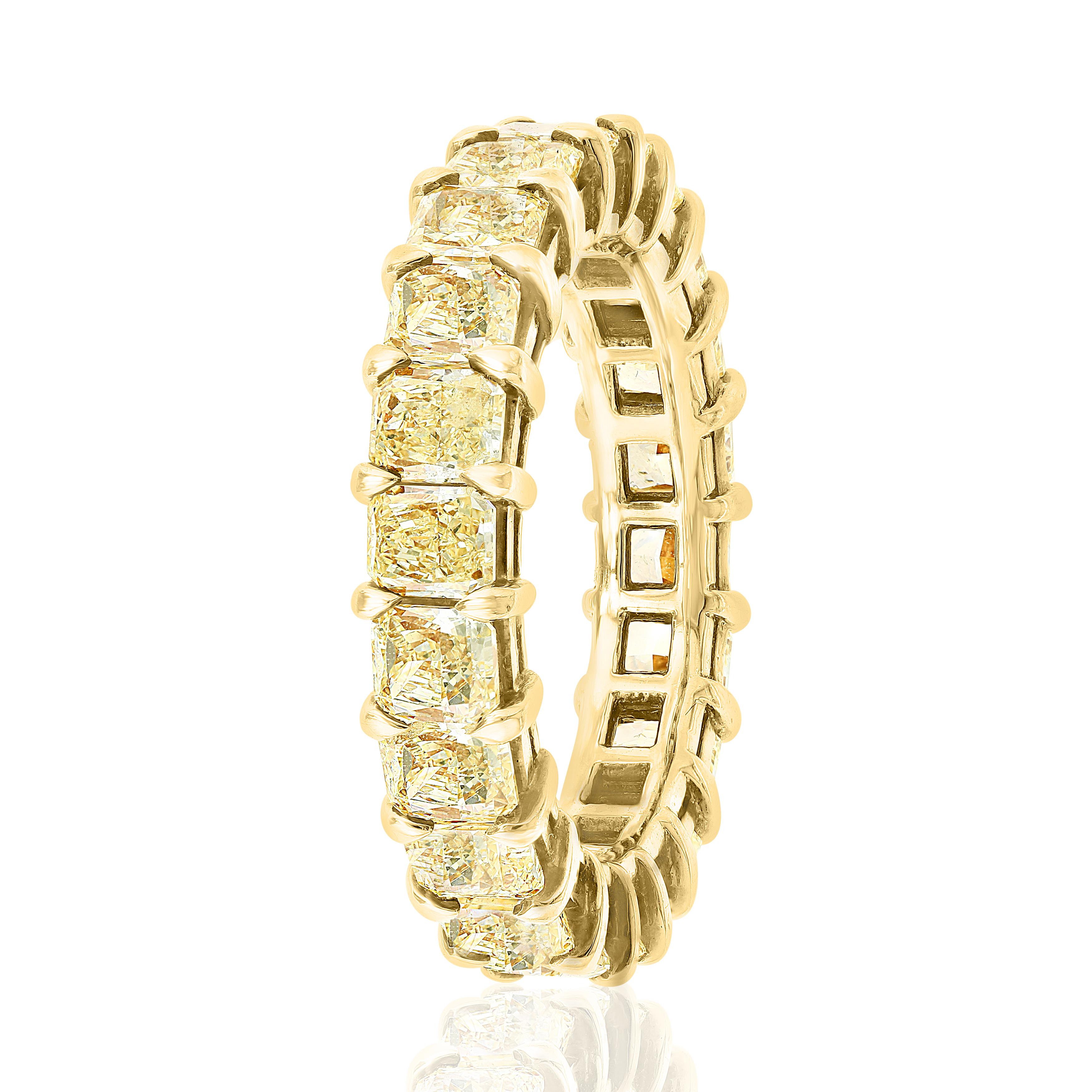 Radiant Cut Auction - 3.89 Carat Radiant Fancy Yellow Diamond Eternity Band Ring For Sale