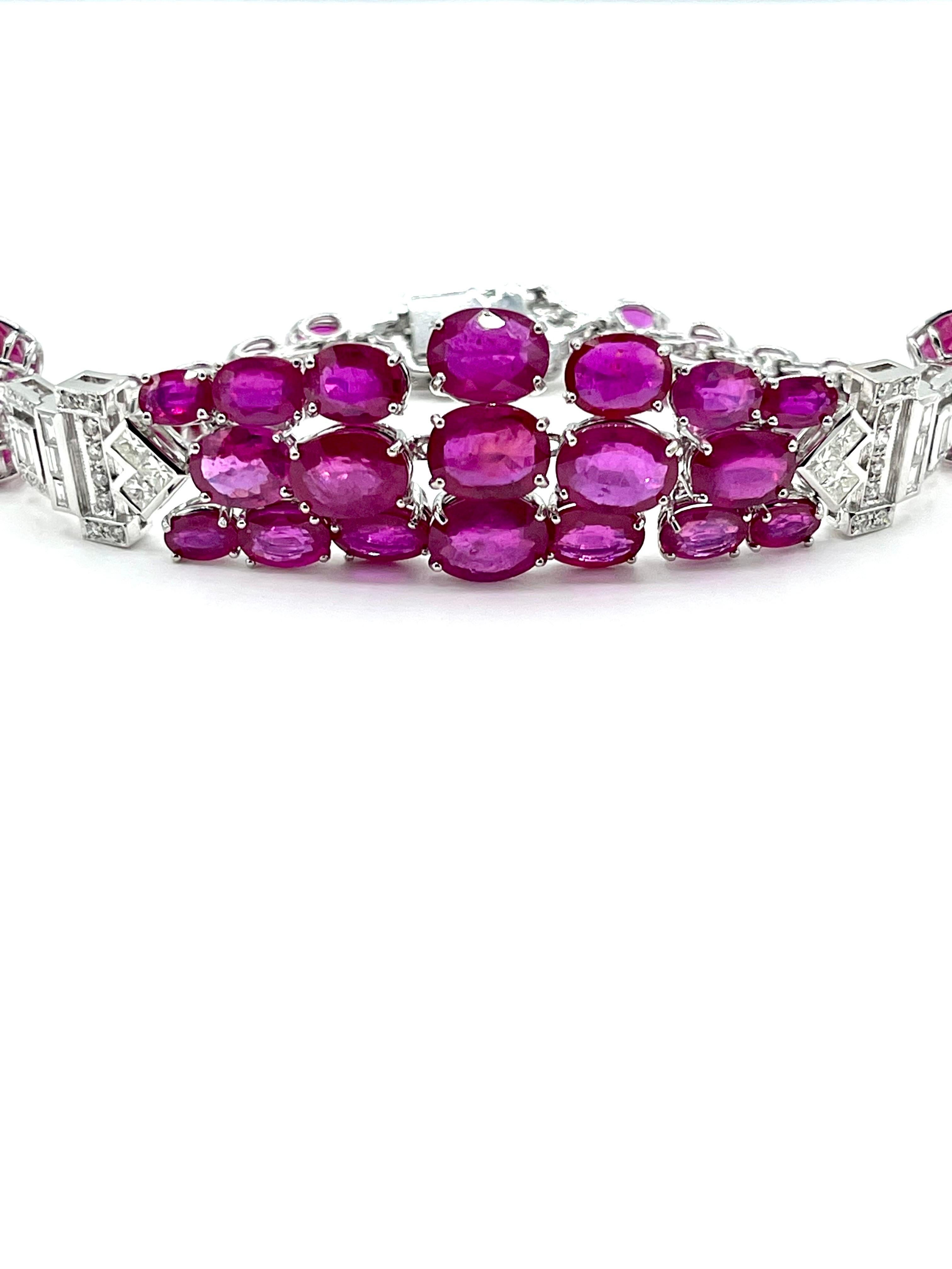 Women's or Men's 38.90 Carat Oval Ruby and Diamond Deco Style Bracelet