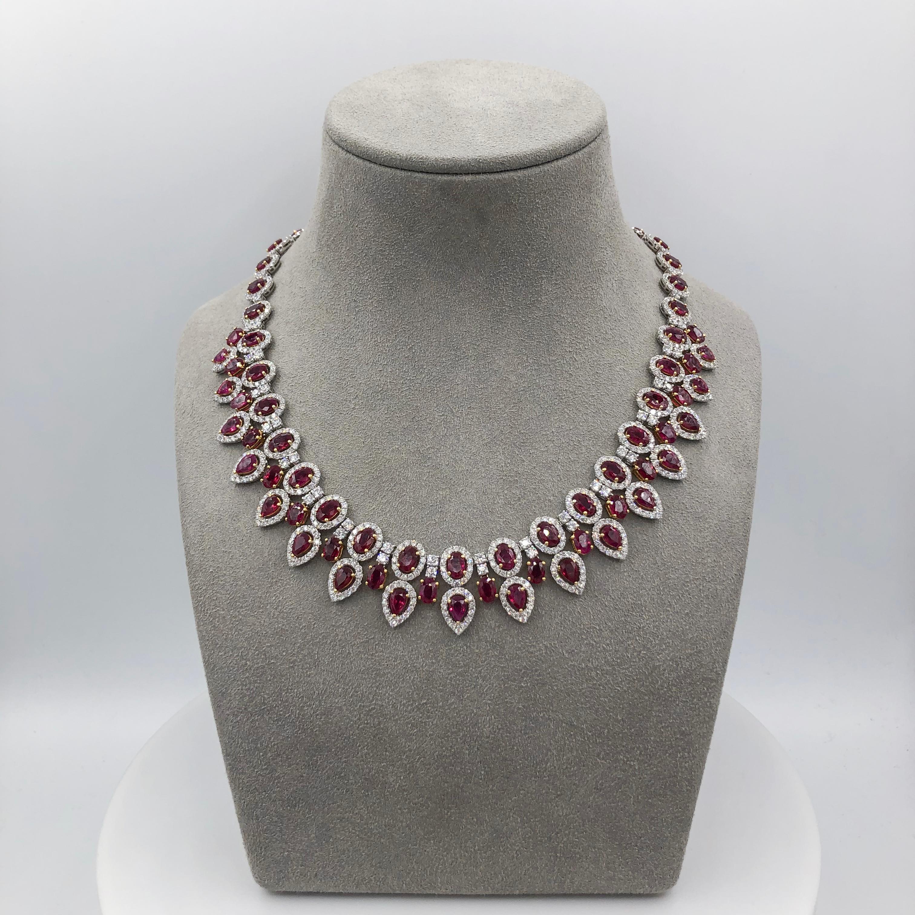 Contemporary Roman Malakov, GIA Certified 38.92 Carat Burmese Ruby with Diamond Halo Necklace For Sale
