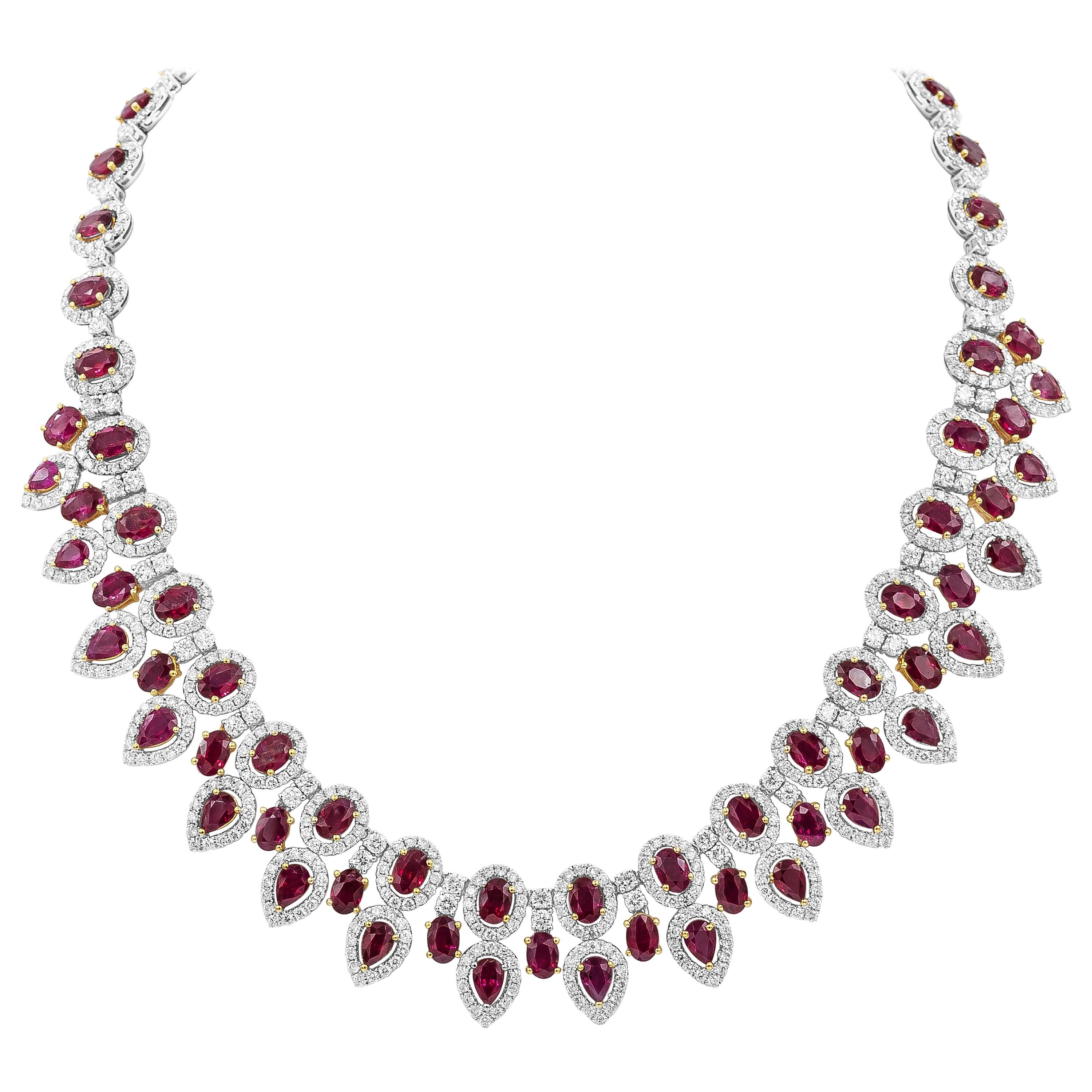 Roman Malakov, GIA Certified 38.92 Carat Burmese Ruby with Diamond Halo Necklace For Sale