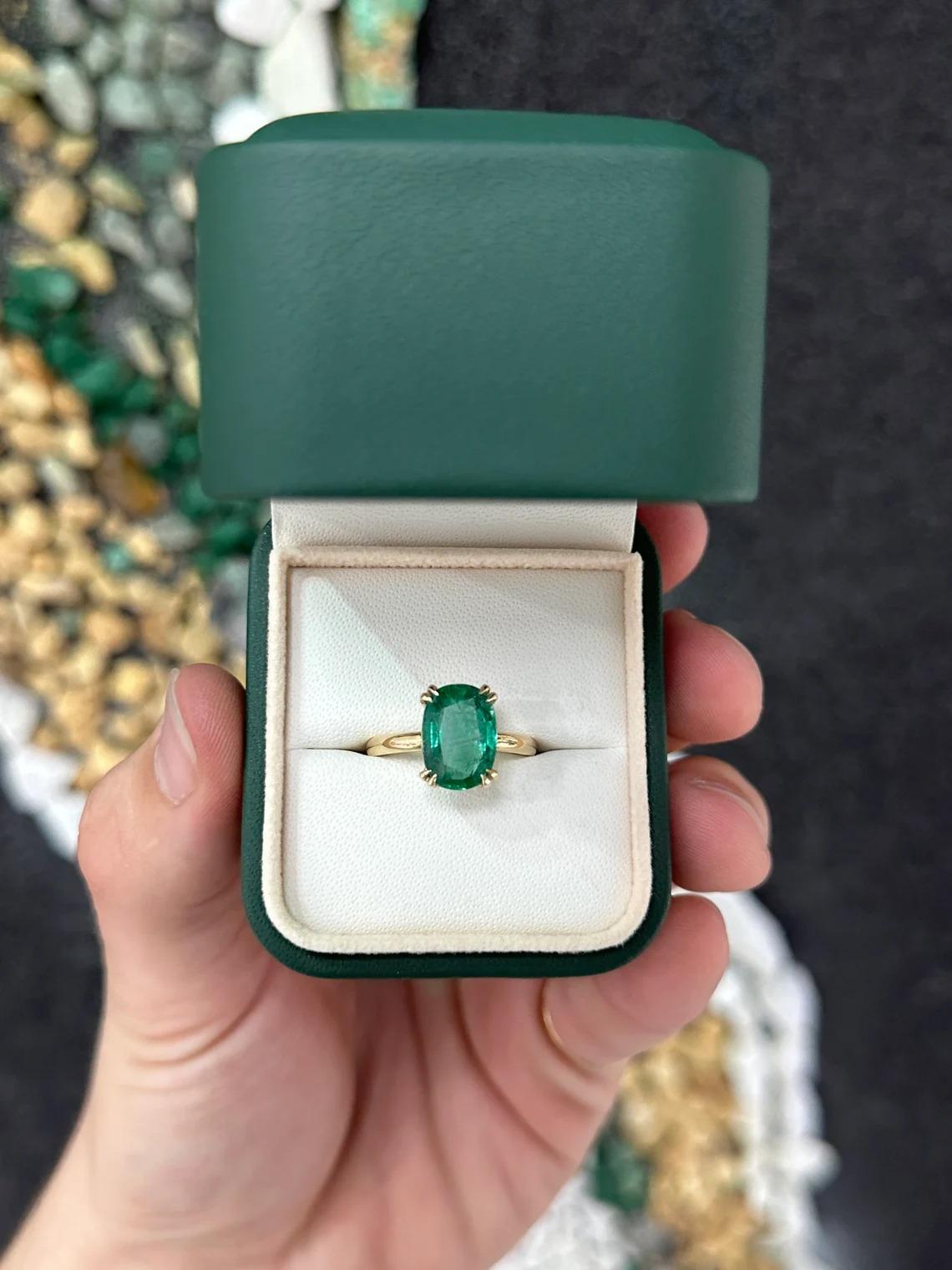 3.89ct 14K Elongated Dark Green Cushion Cut Emerald Solitaire Right Hand Ring In New Condition For Sale In Jupiter, FL