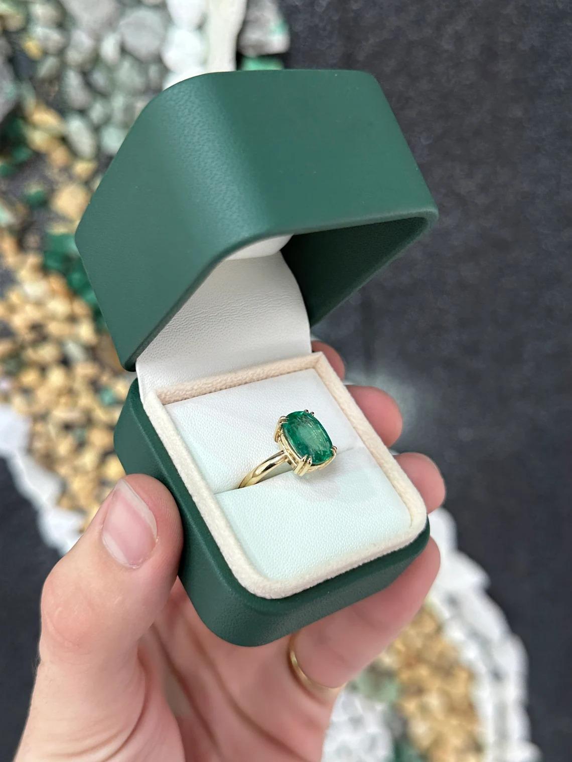 Women's 3.89ct 14K Elongated Dark Green Cushion Cut Emerald Solitaire Right Hand Ring For Sale