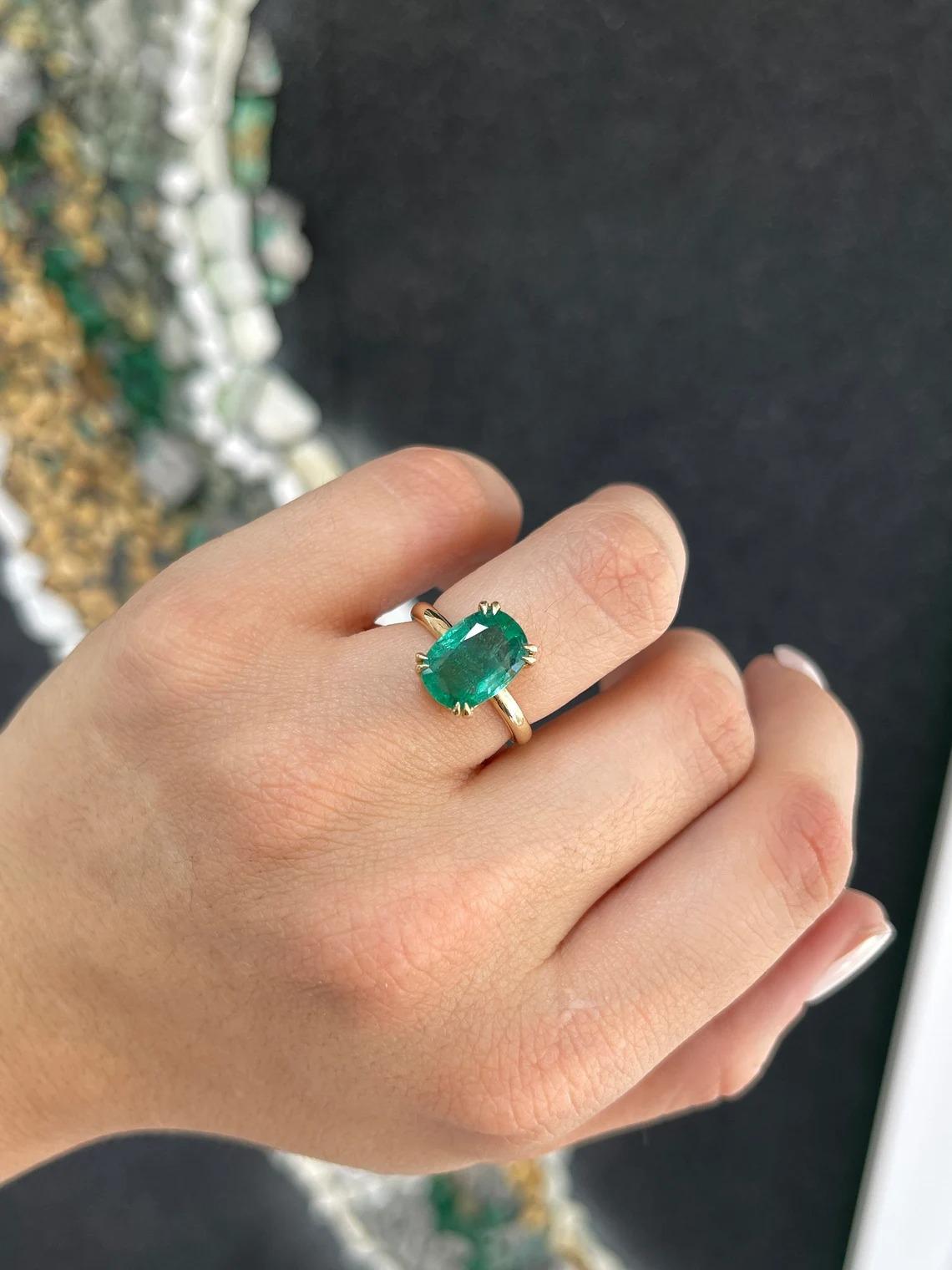 3.89ct 14K Elongated Dark Green Cushion Cut Emerald Solitaire Right Hand Ring For Sale 2
