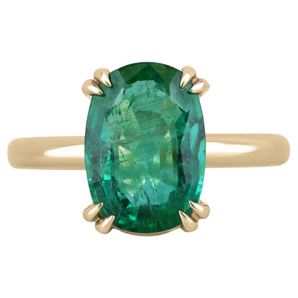 3.89ct 14K Elongated Dark Green Cushion Cut Emerald Solitaire Right Hand Ring For Sale