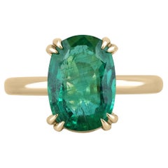 3.89ct 14K Elongated Dark Green Cushion Cut Emerald Solitaire Right Hand Ring