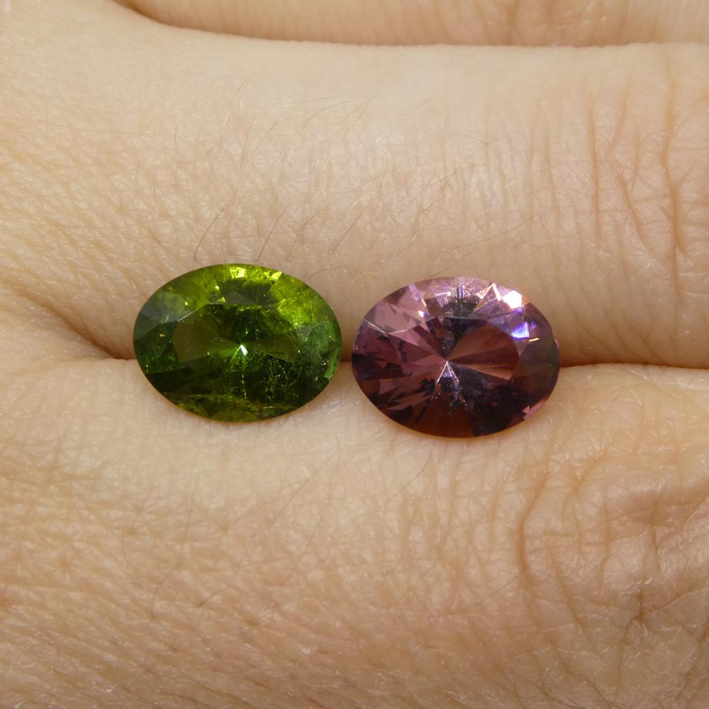 Description:

Gem Type: Tourmaline
Number of Stones: 2
Weight: 3.89 cts (1.96ct/1.92ct)
Measurements: 9.82 x 7.45 x 4.82 mm/ 9.81 x 7.53 x 4.85 mm
Shape: Oval
Cutting Style:
Cutting Style Crown: Brilliant Cut
Cutting Style Pavilion: Modified