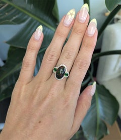 3.8Ct Black Opal Ring with Natural Diamond & Tsavorite Accents: Solid 14K Gold
