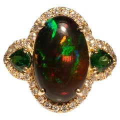 3.8Ct Black Opal Ring with Natural Diamond & Tsavorite Accents: Solid 14K Gold