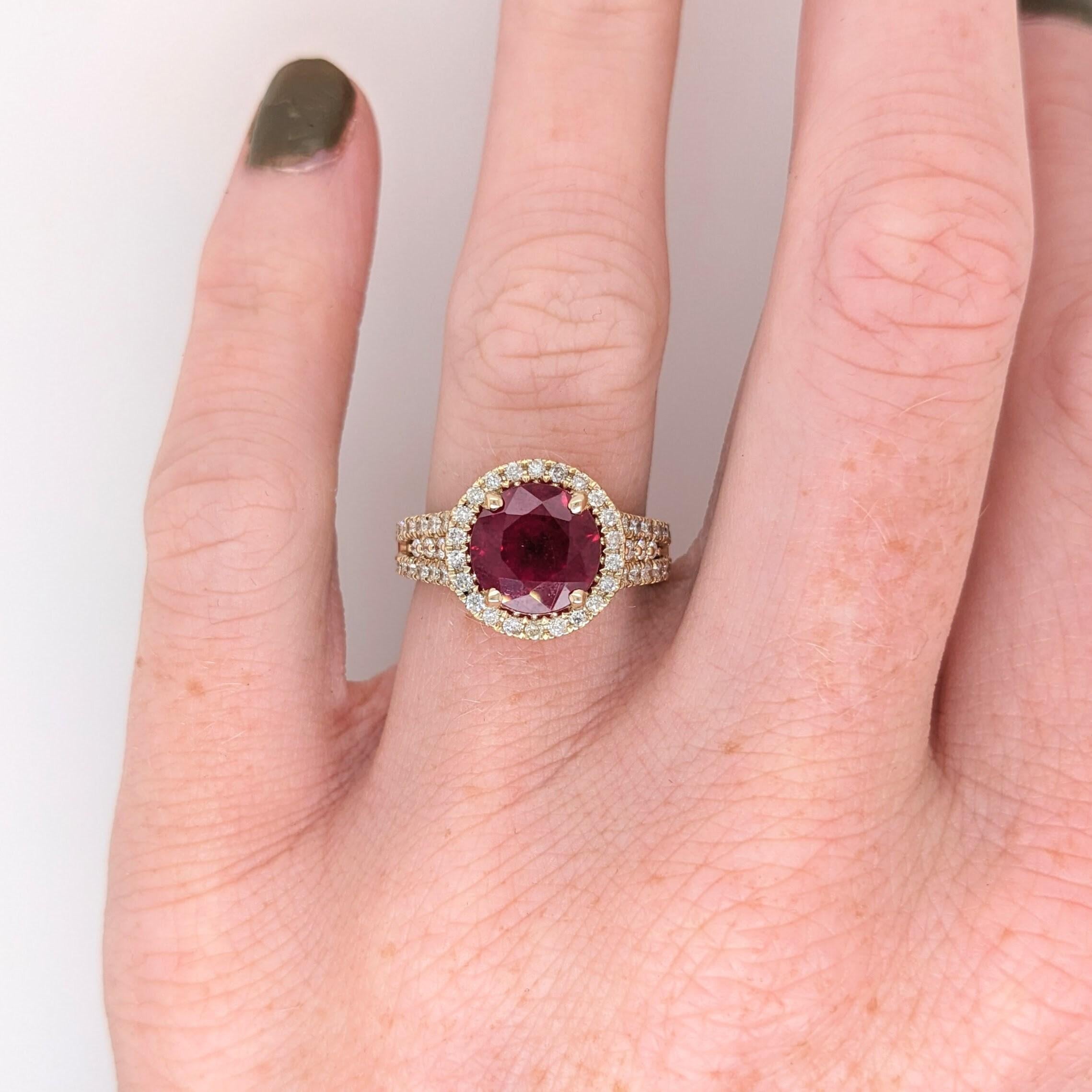 This beautiful ring features a 3.86 carat round ruby gemstone with natural earth mined diamonds, all set in solid 14K gold. This ring can be a lovely July birthstone gift for your loved ones!

Specifications:

Item Type: Ring
Center Stone: