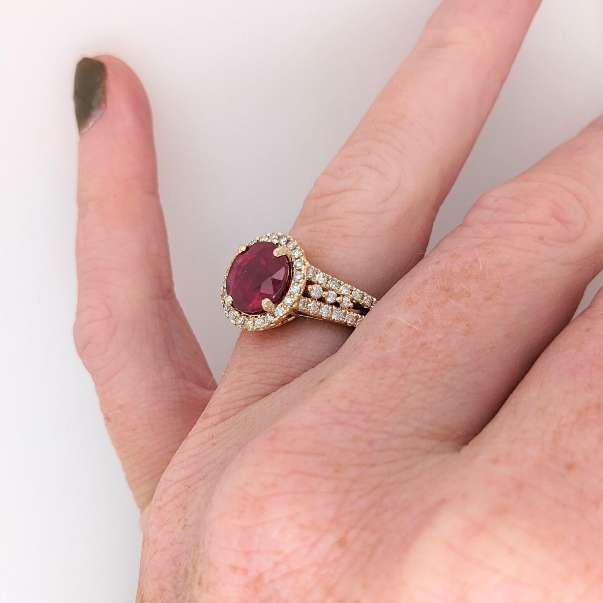 Modern 3.8ct Red Ruby Ring w Earth Mined Diamonds in Solid 14k Yellow Gold Round 9mm For Sale