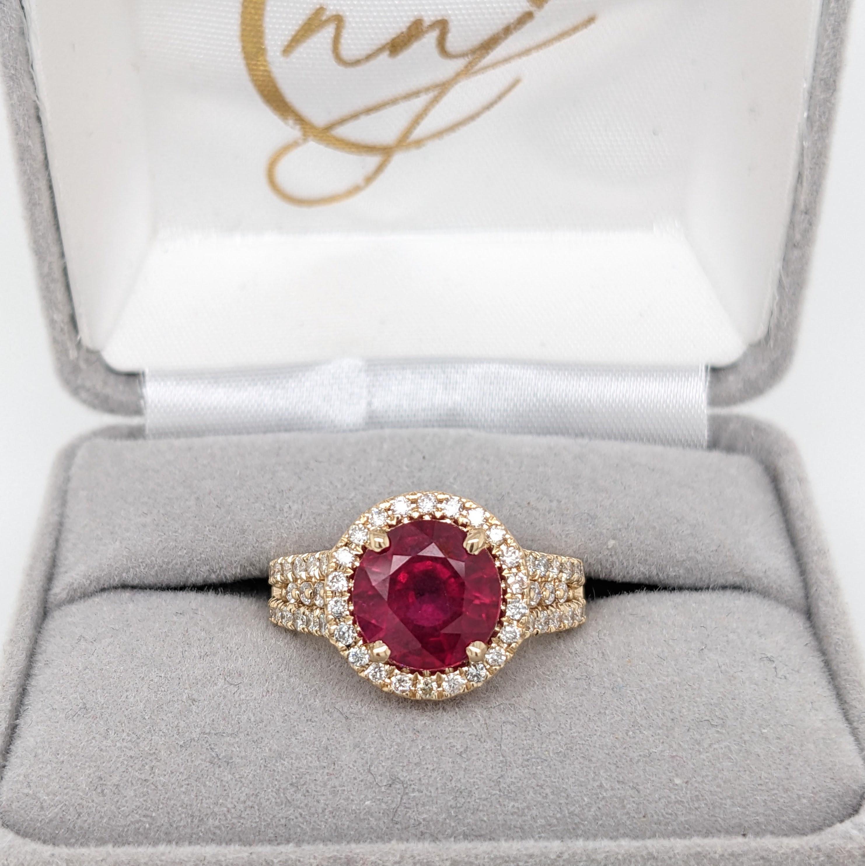 Round Cut 3.8ct Red Ruby Ring w Earth Mined Diamonds in Solid 14k Yellow Gold Round 9mm For Sale