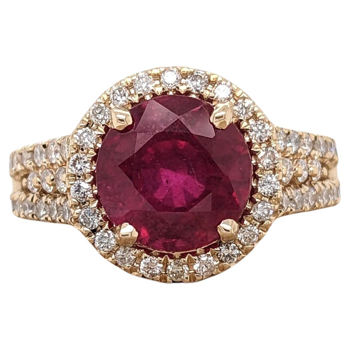 3.8ct Red Ruby Ring w Earth Mined Diamonds in Solid 14k Yellow Gold Round 9mm For Sale