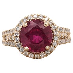 3.8ct Red Ruby Ring w Earth Mined Diamonds in Solid 14k Yellow Gold Round 9mm