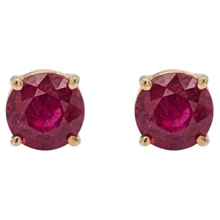Round 7mm - Solitaire Madagascar Ruby Studs in 14K Solid Gold, Everyday Jewelry
