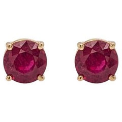 Pendientes redondos de 7 mm - Solitario de rubí de Madagascar en oro macizo de 14 quilates, Joyería de uso diario