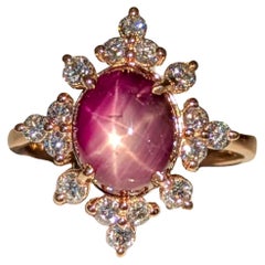 3.8ct Star Ruby Ring w Earth Mined Diamonds in Solid 14K Gold OV 10x8mm