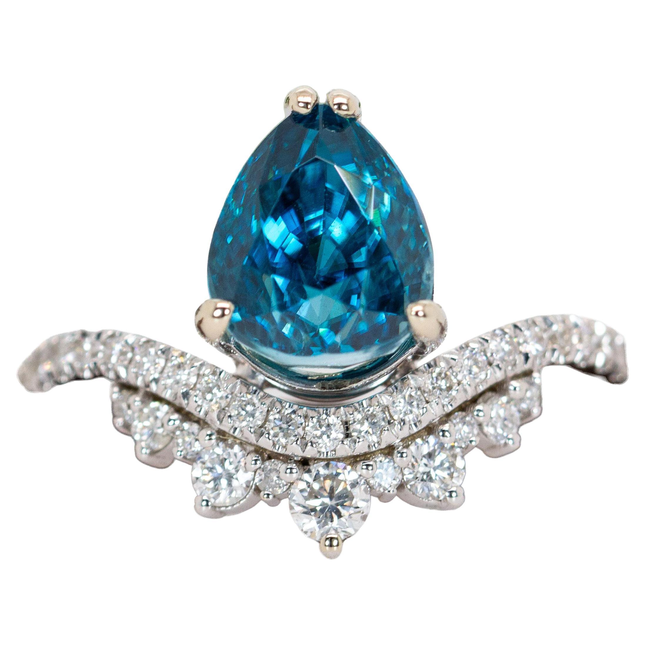 3.8cts Blue Zircon Ring w Earth Mined Diamonds in Solid 14K Gold  PE 9x7mm