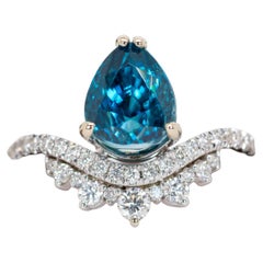 3.8cts Blue Zircon Ring w Earth Mined Diamonds in Solid 14K Gold  PE 9x7mm