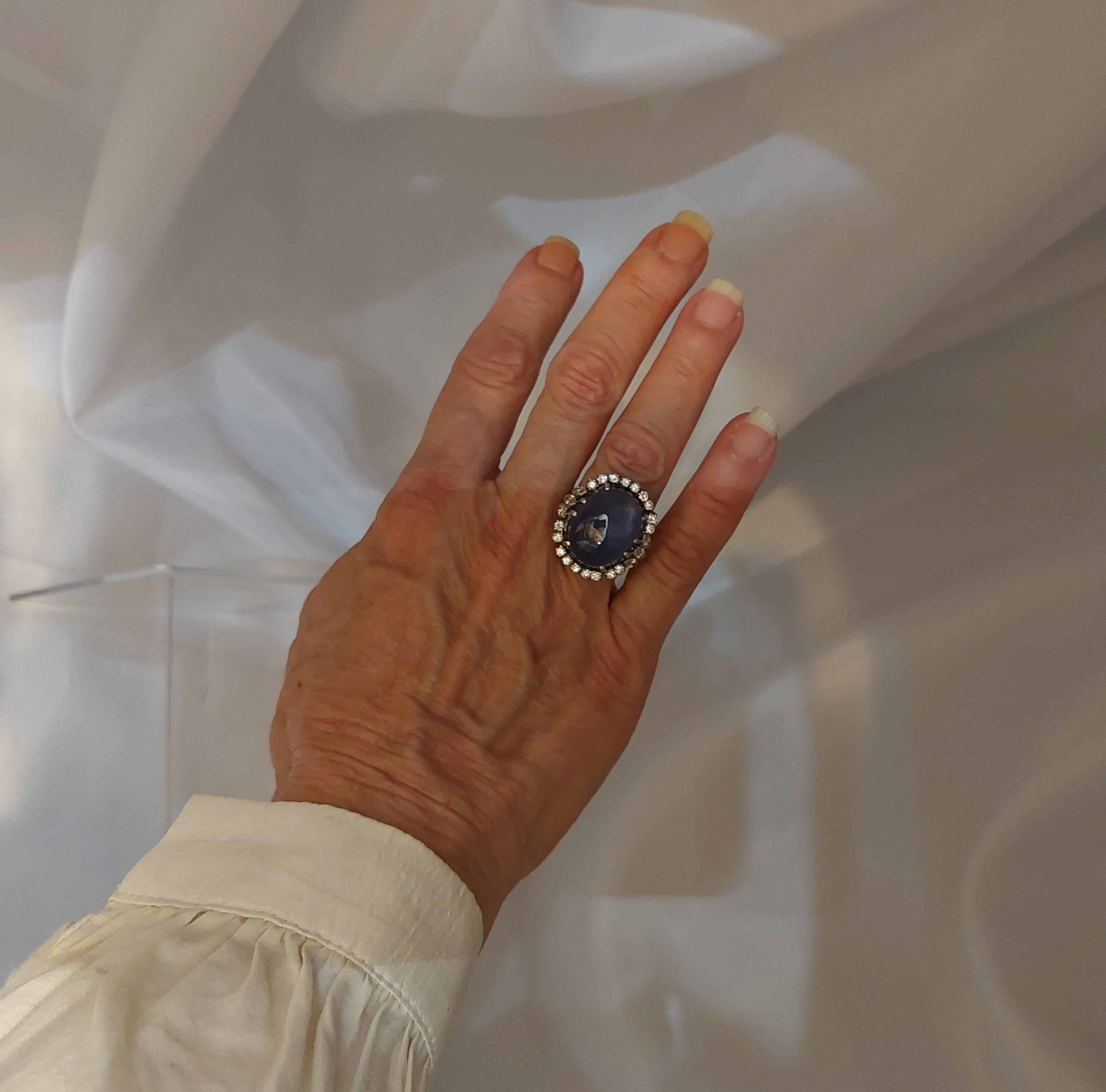 Anello in platino con zaffiro blu Star Ceppylon e diamanti 38CTS Nature senza calore in vendita 5