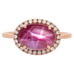 3.8cts Star Ruby Ring with Natural Diamonds Halo: 14k Solid Gold, Oval 11x7.6mm