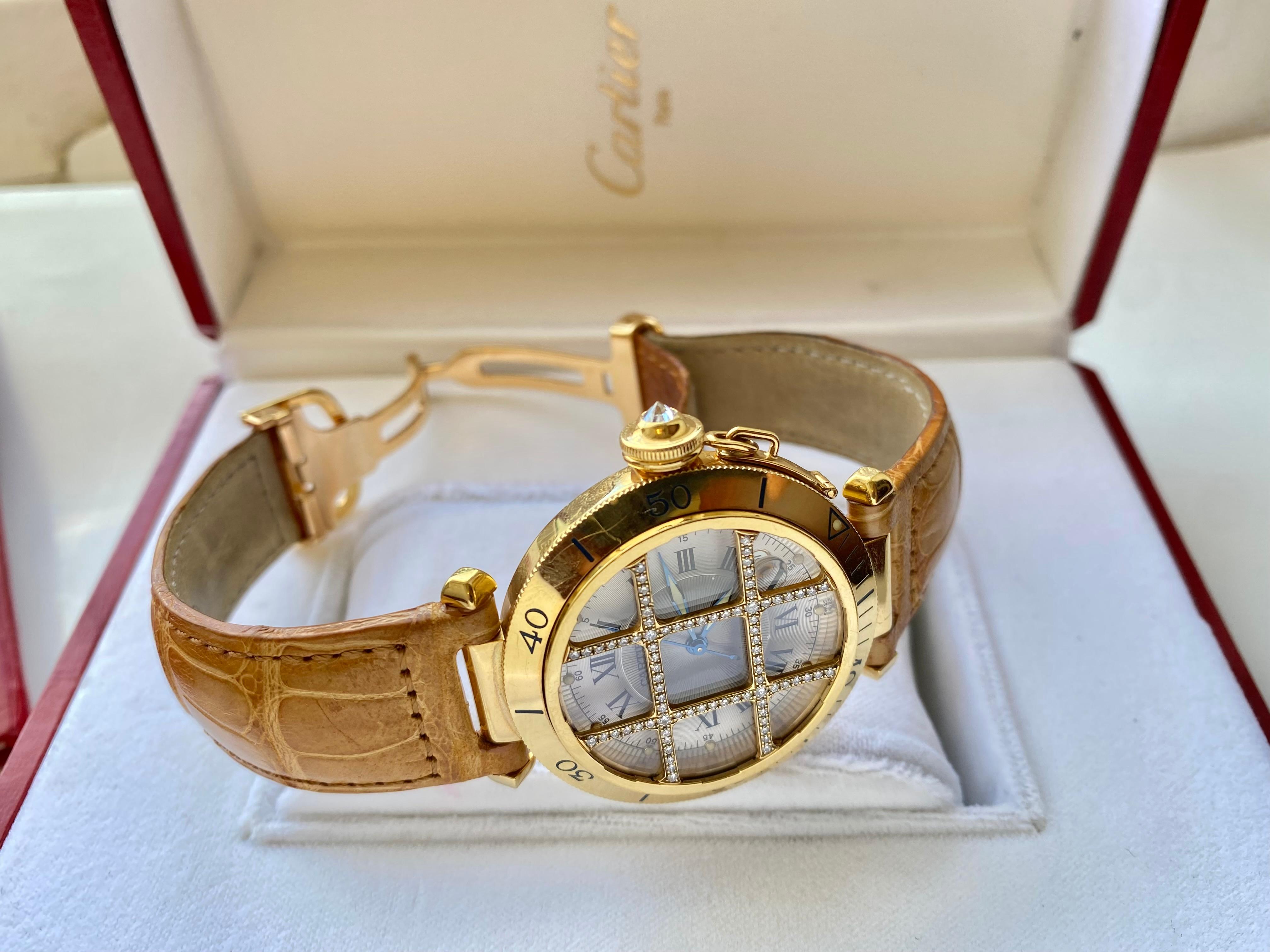 Round Cut Cartier Pasha Men's Watch with Diamond Cage and Brown Leather Strap