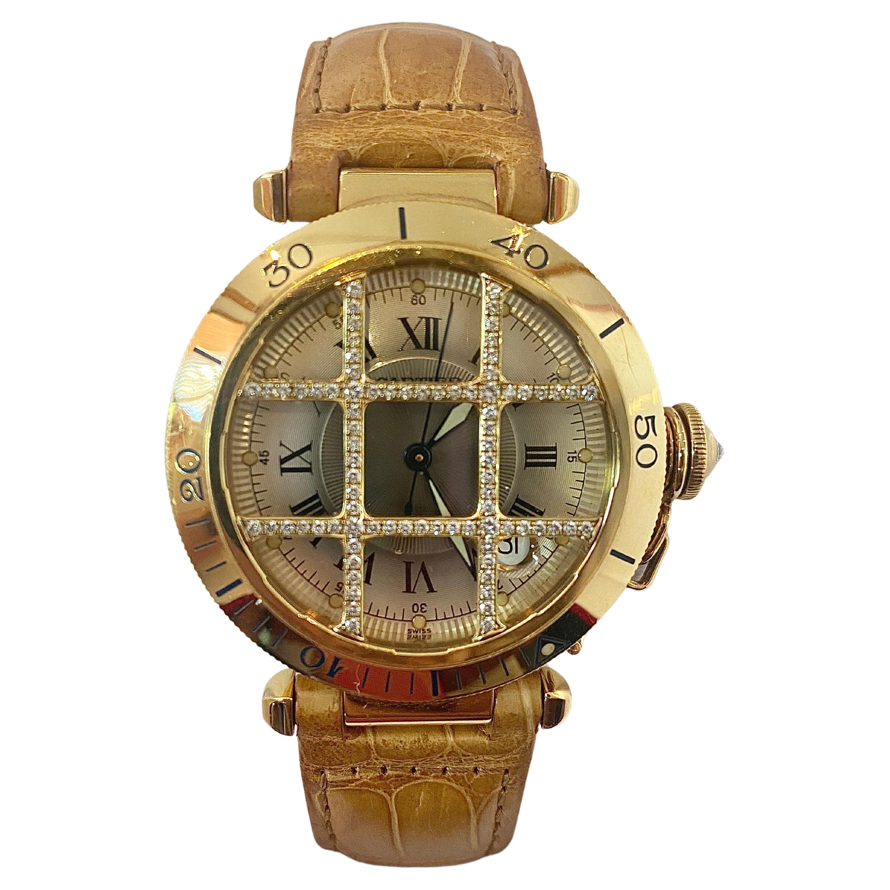 Cartier Pasha Men's Watch with Diamond Cage and Brown Leather Strap