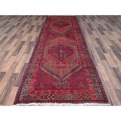 3'8"x10'10" Hibiscus Pink Velvety Wool Vintage Serapi Runner Oriental Rug