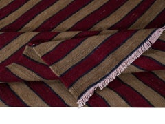 3.8x11.3 Ft Handmade 1970s Runner Kilim with Burgundy Red, Brown & Black Stripes