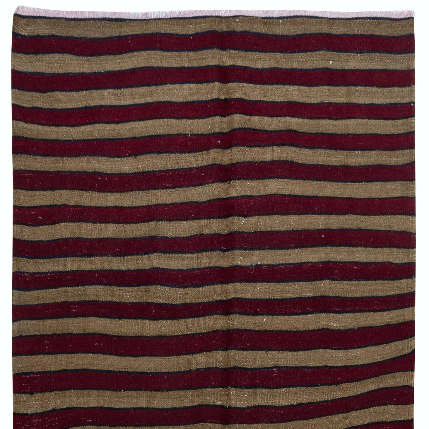 Turkish 3.8x11.3 Ft Handmade 1970s Runner Kilim with Burgundy Red, Brown & Black Stripes For Sale
