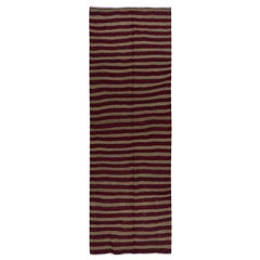 3.8x11.3 Ft Handmade 1970s Runner Kilim with Burgundy Red, Brown & Black Stripes