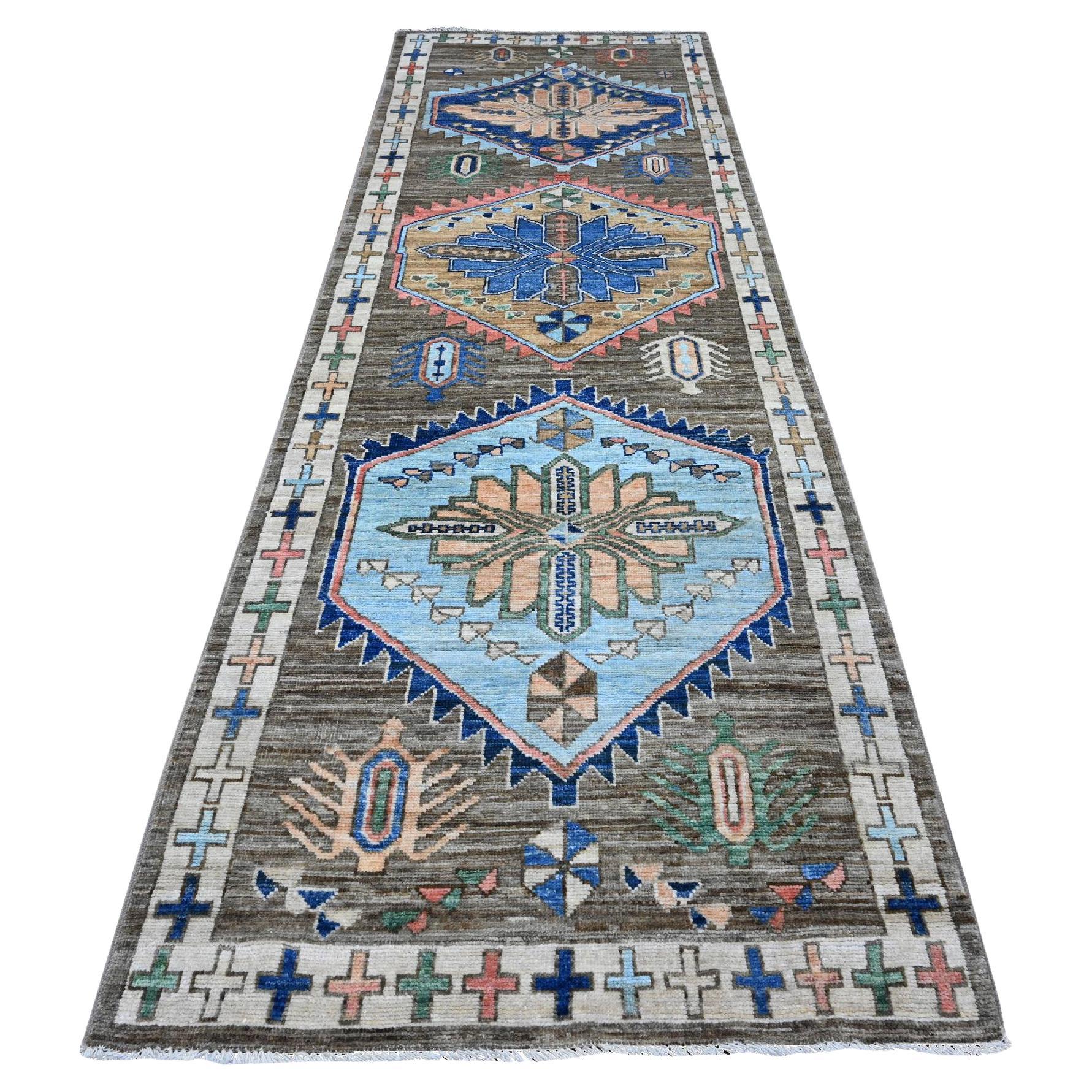 3'8"x11'4" Cloud Gray Tribal Village Anatolian Design Wide Runner Oriental Rug