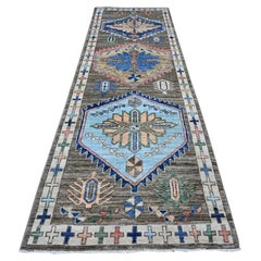 3'8"x11'4" Cloud Gray Tribal Village Anatolian Design Wide Runner Oriental Rug
