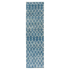 Modern Moroccan Wool Runner Rug in Light Blue, Custom Options Avl.