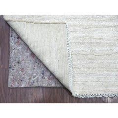 3'8"x14'5" Ivory Plain Solid Pattern Hand Knotted Ghazni Wool Runner Rug
