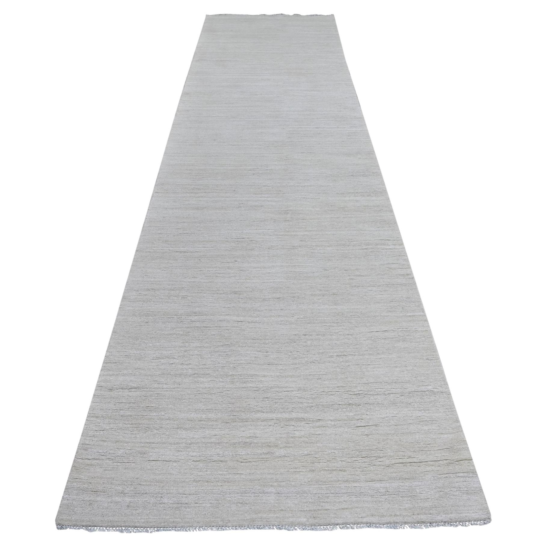 3'8"x14'5" Ivory Plain Solid Pattern Hand Knotted Ghazni Wool Runner Rug