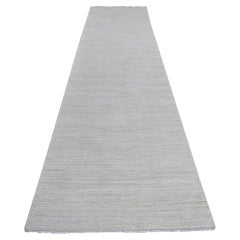 3'8"x14'5" Ivory Plain Solid Pattern Hand Knotted Ghazni Wool Runner Rug