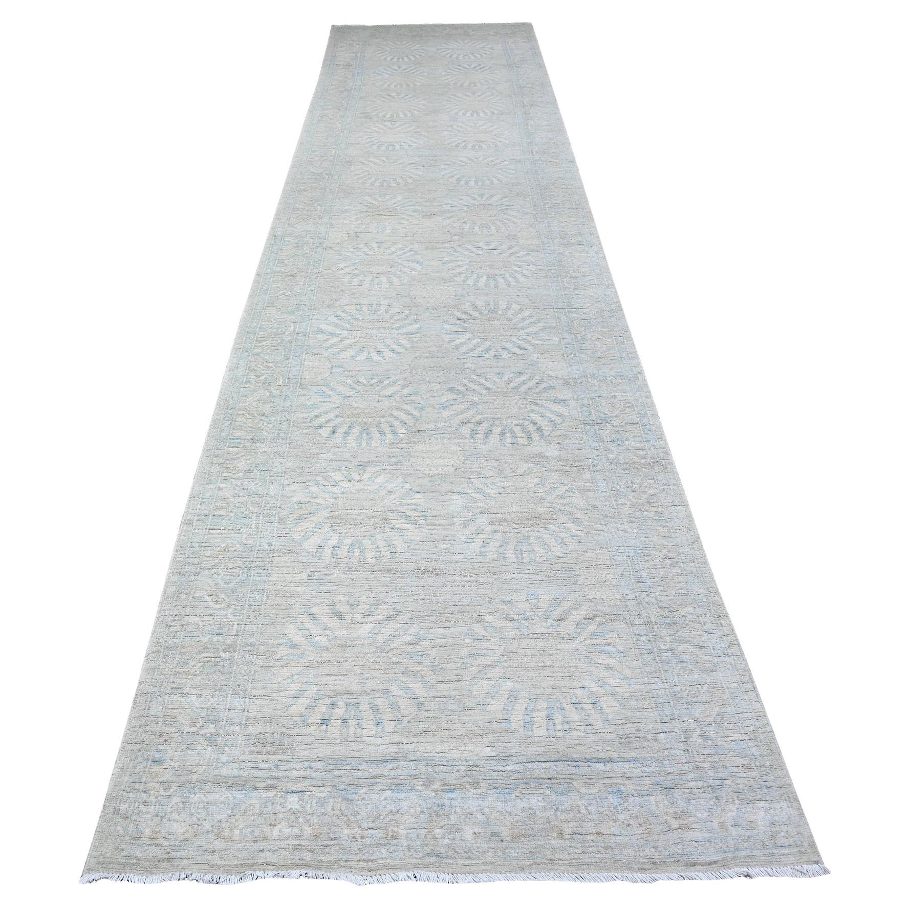 3'8"x15' Gray, White Wash Peshawar, Wool, Hand Knotted,  XL Runner Rug